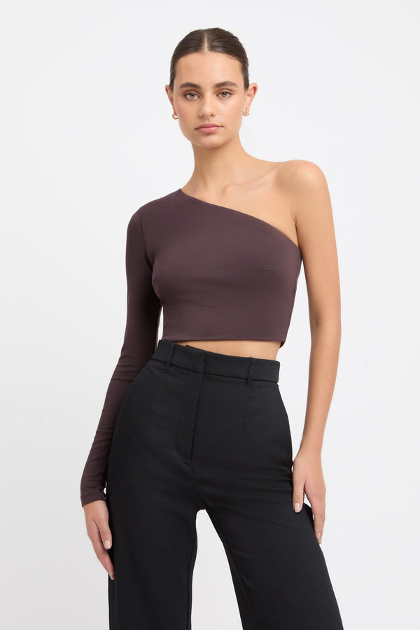kookai Emilia One Shoulder Top Dark Mocha