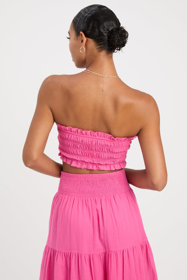 Kookai Georgette Strapless Crop Hot Pink