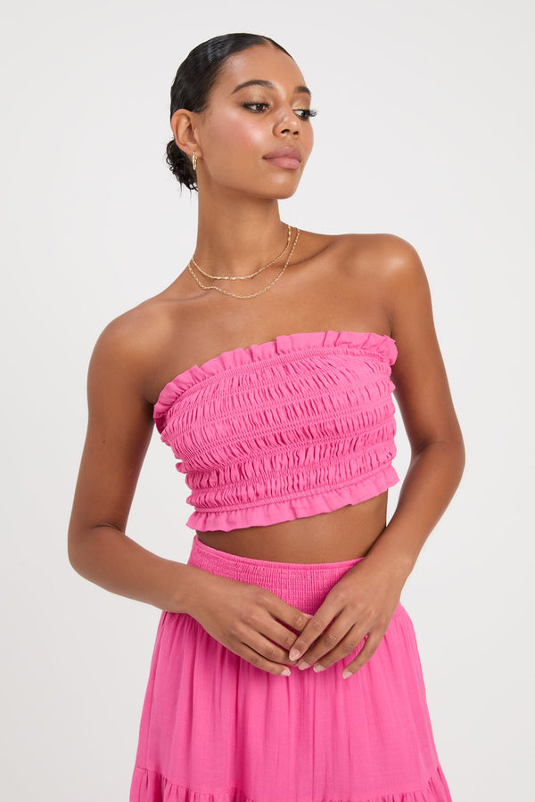 kookai Georgette Strapless Crop Hot Pink