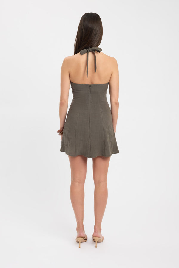 Kookai Hayman Halter Mini Dress Dusty Olive