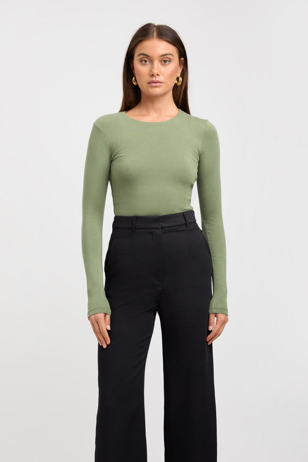 Kookai High Crew Top Basil Green