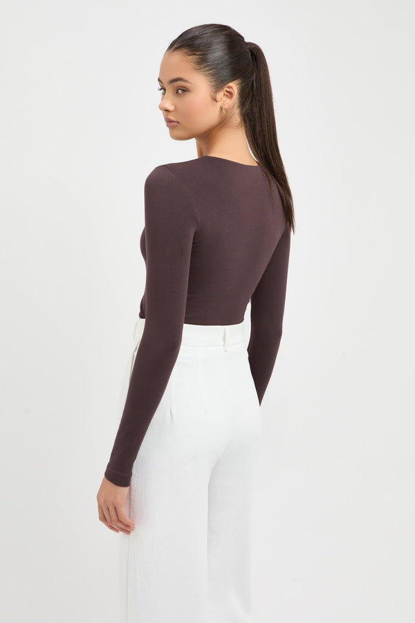 Kookai High Crew Top Dark Mocha