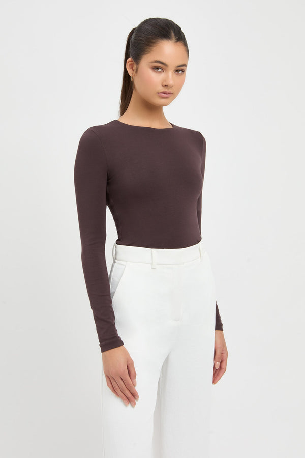 kookai High Crew Top Dark Mocha