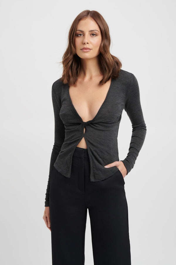 kookai Kalara Long Sleeve Twist Top Charcoal Marle