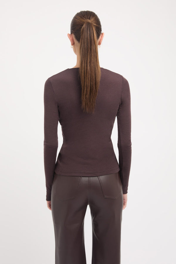 Kookai Kalara Long Sleeve Twist Top Dark Chocolate