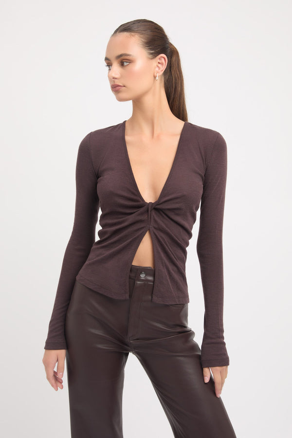 kookai Kalara Long Sleeve Twist Top Dark Chocolate