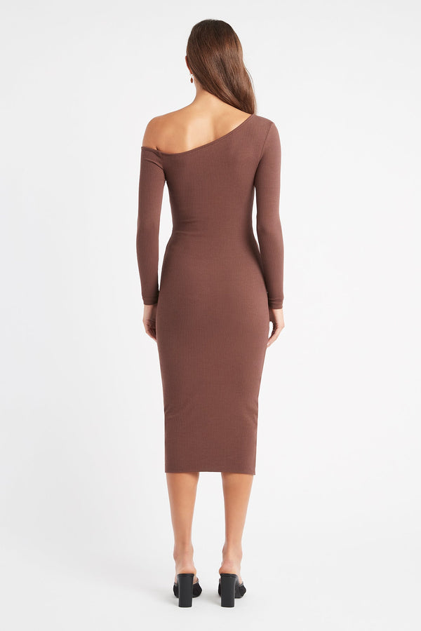 Kookai Kara One Shoulder Midi Dress Brunette