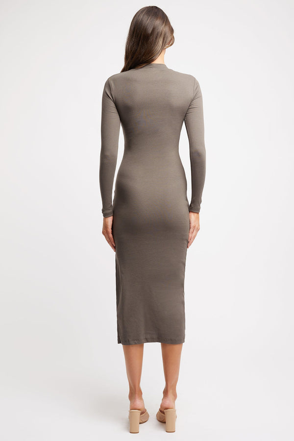 Kookai Kelsie Long Sleeve Midi Dress Dark Khaki