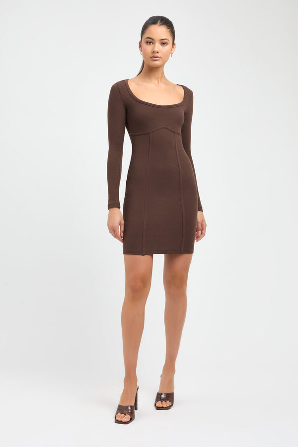 Kookai Nalla Bind Long Sleeve Dress Dark Chocolate