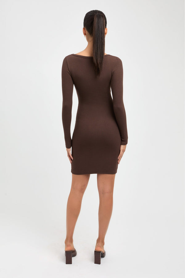 Kookai Nalla Bind Long Sleeve Dress Dark Chocolate