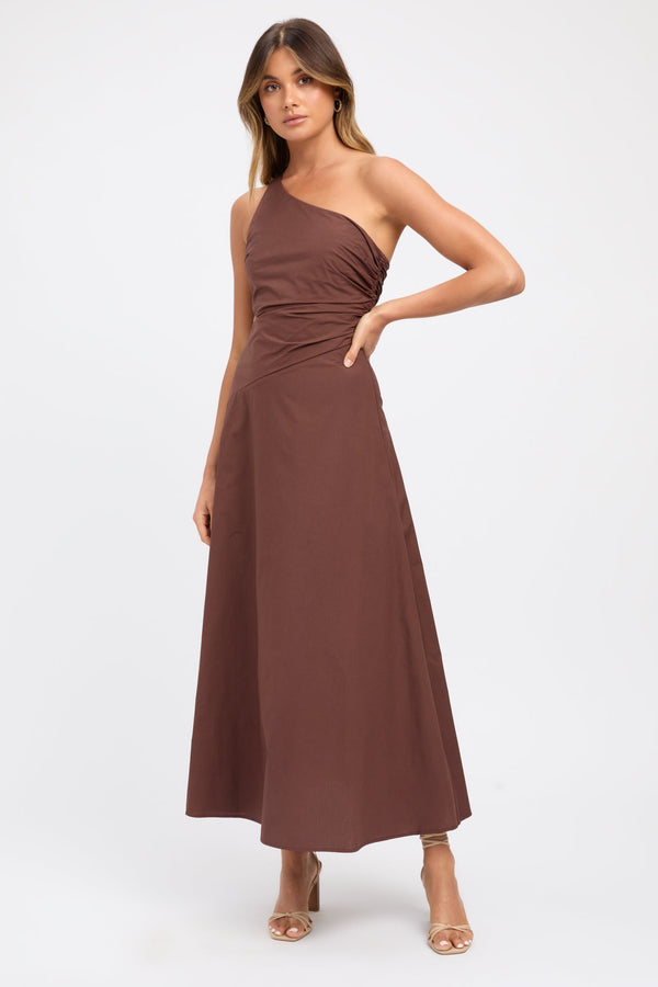 Kookai Poplin One Shoulder Dress Chocolate