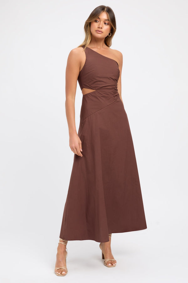 kookai Poplin One Shoulder Dress Chocolate