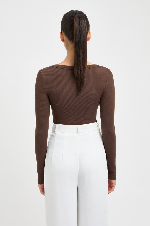 Kookai Quinn Long Sleeve Top Dark Chocolate