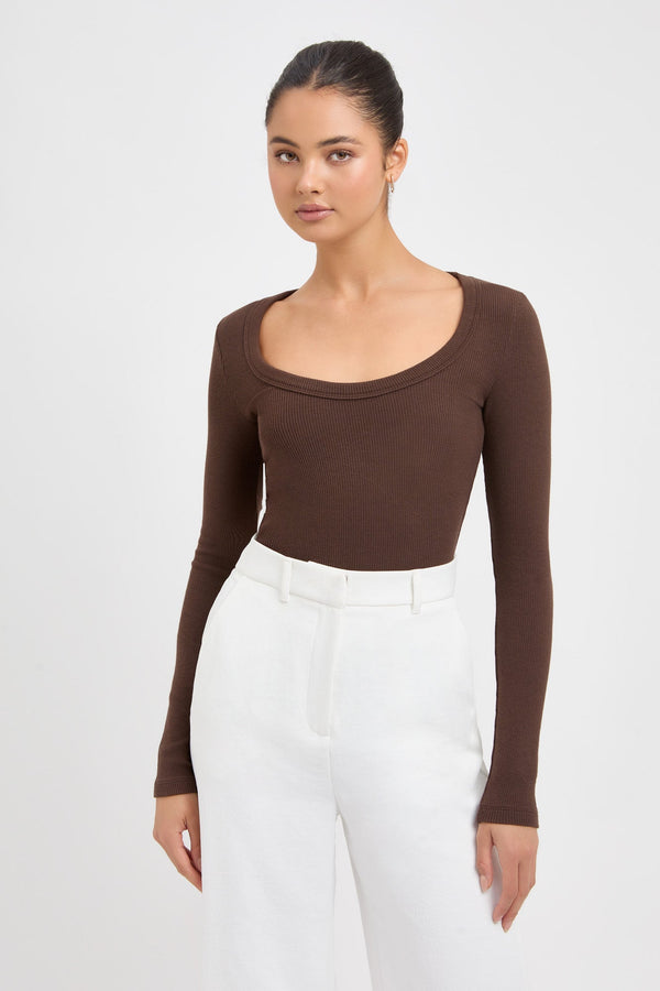 kookai Quinn Long Sleeve Top Dark Chocolate
