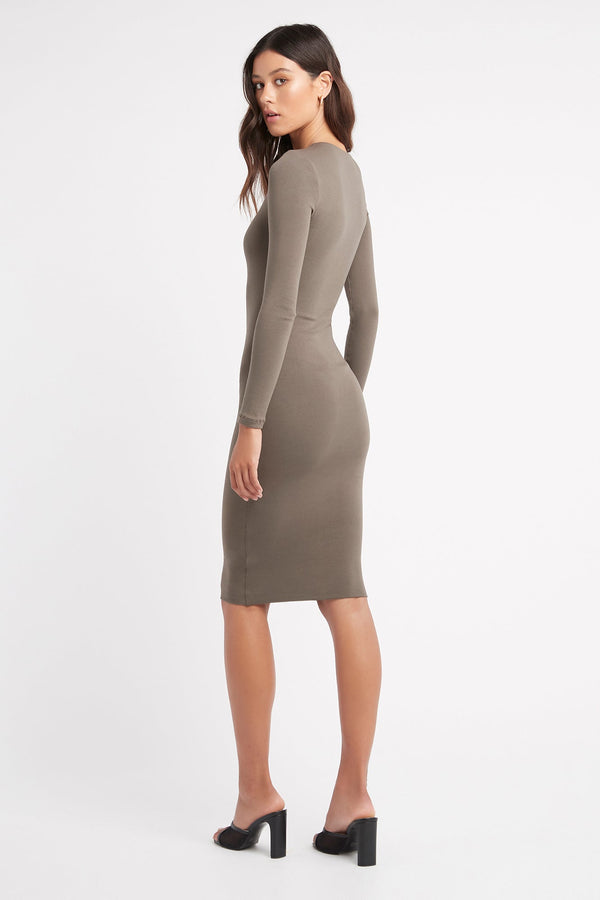 Kookai Riley Crew Midi Dress Dark Khaki