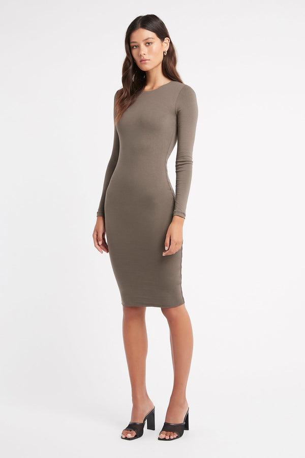 kookai Riley Crew Midi Dress Dark Khaki