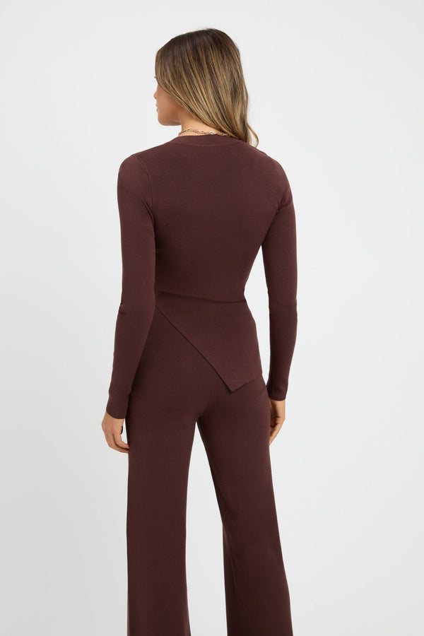 Kookai Snowden Split Hem Top Dark Chocolate