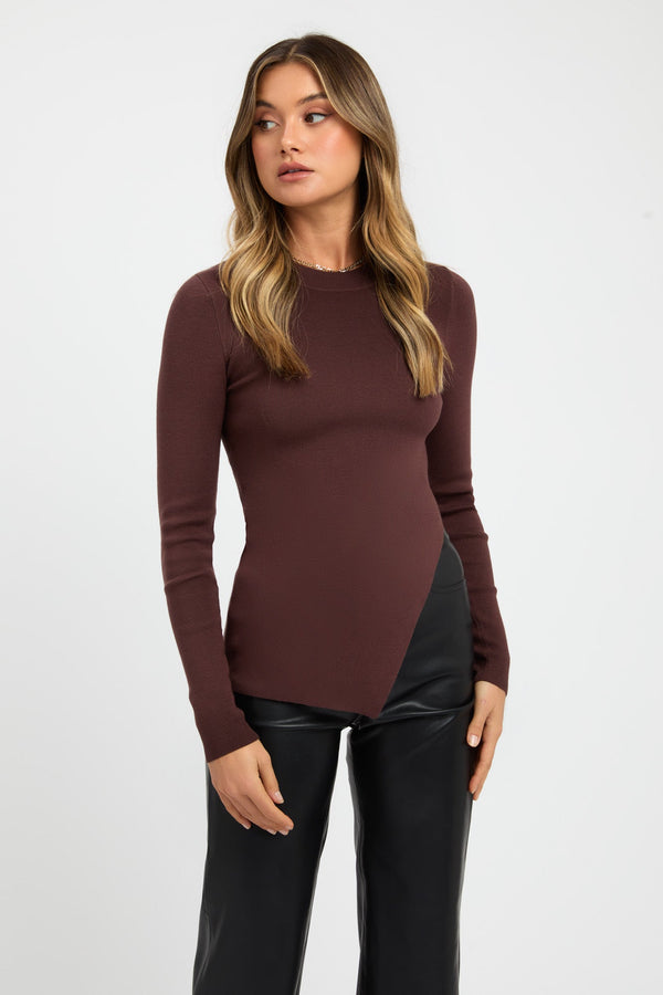 Kookai Snowden Split Hem Top Dark Chocolate