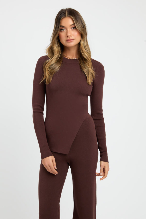 kookai Snowden Split Hem Top Dark Chocolate