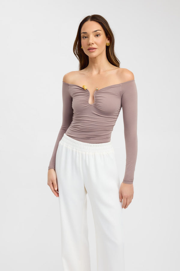 Kookai Tayla Trim Long Sleeve Top Driftwood