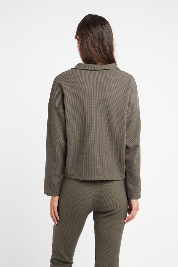 Kookai Waffle Zip Top Dark Khaki