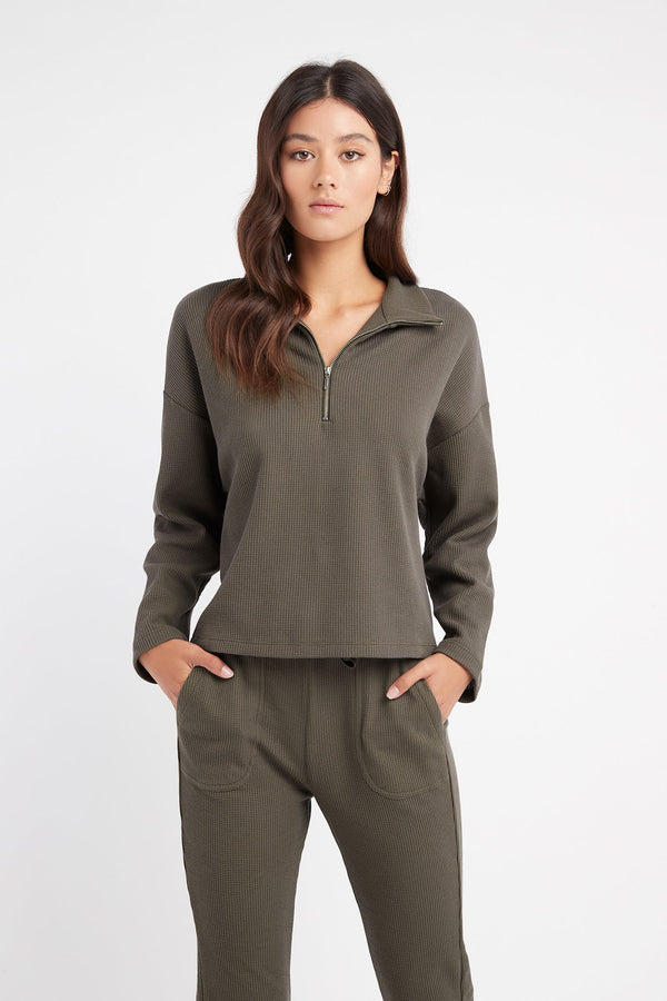 kookai Waffle Zip Top Dark Khaki