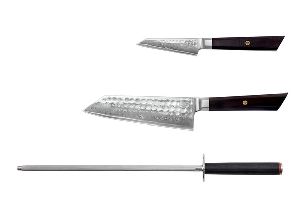 kotai Starter 3-Piece Knife Set - Bunka Damascus Collection (Honing Steel)