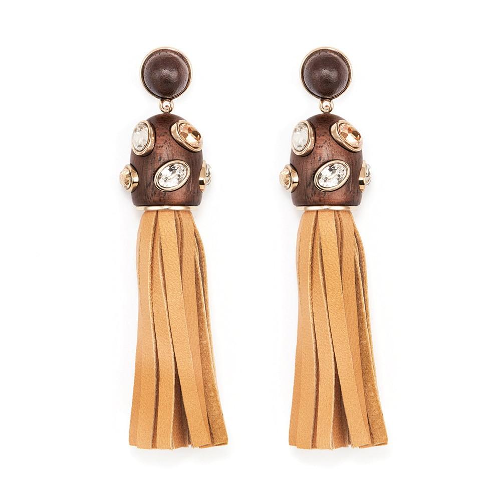 kotur Wood Crystallized Pierced Tassell Earrings