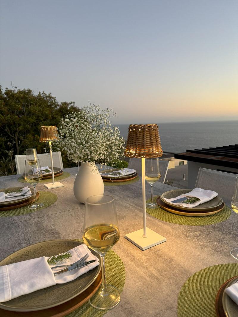 Kouboo All Weather Wicker Indoor/Outdoor Rechargeable LED Table Lamp Empire Shade White Base