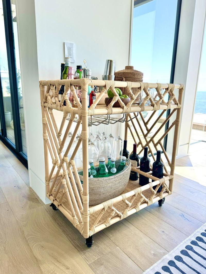 Kouboo Chippendale Rattan 2-Tier Bar Serving Cart On Lockable Wheels