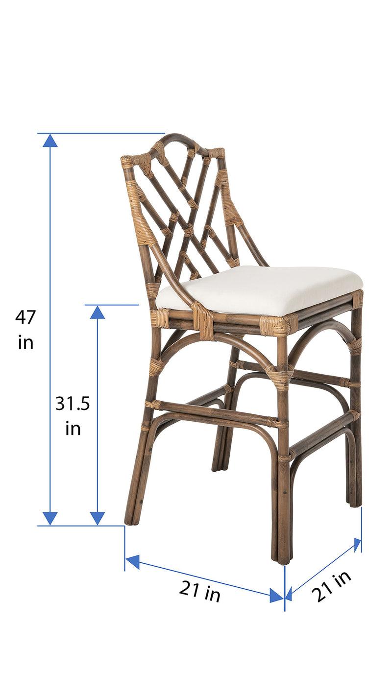 Kouboo Chippendale Rattan Barstool Antique Brown And Off-White Upholstery