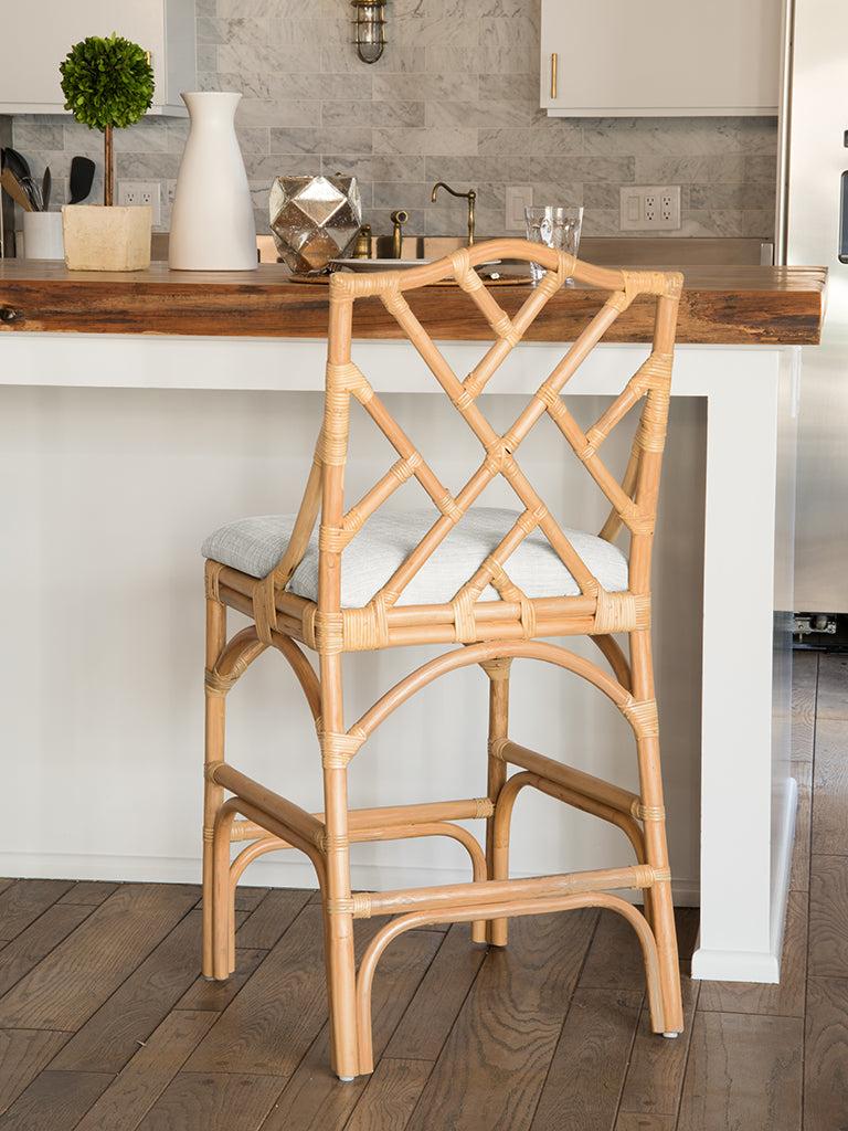 Kouboo Chippendale Rattan Barstool Natural Color And Off-White Upholstery