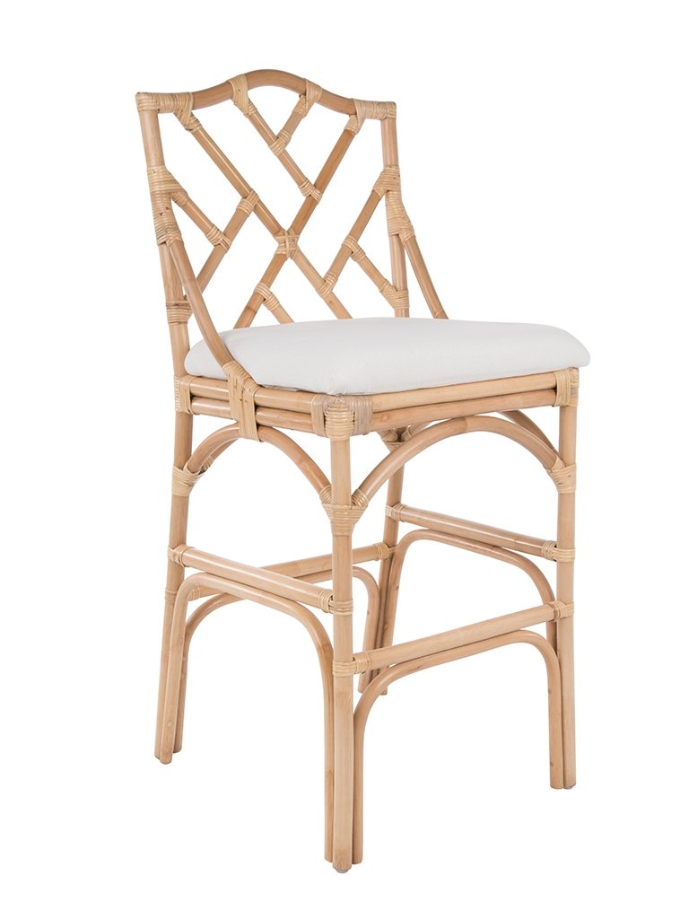 kouboo Chippendale Rattan Barstool Natural Color and Off-White Upholstery
