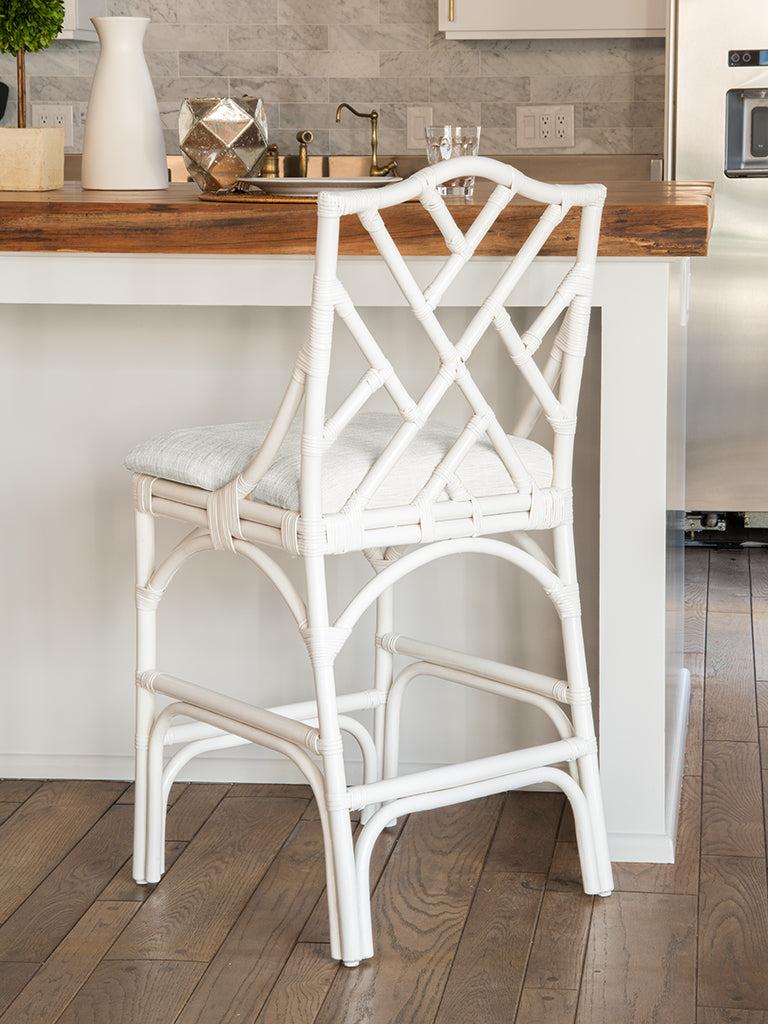 Kouboo Chippendale Rattan Barstool White And Off-White Upholstery