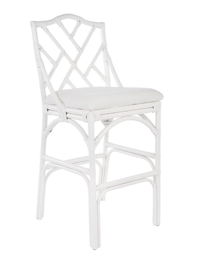 kouboo Chippendale Rattan Barstool White and Off-White Upholstery