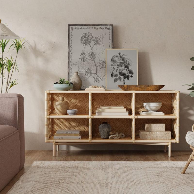 Kouboo Chippendale Rattan Bookshelf & Console Table With 6 Slots For Storage - Freestanding Display Unit With Fixed Shelves