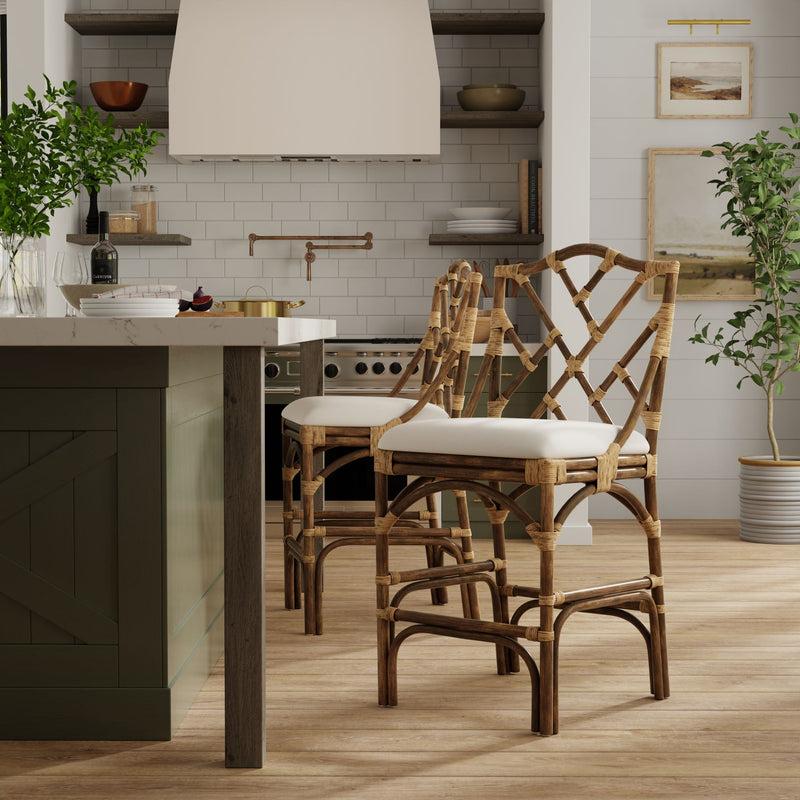 Kouboo Chippendale Rattan Counter Stool Antique Brown And Off-White Upholstery