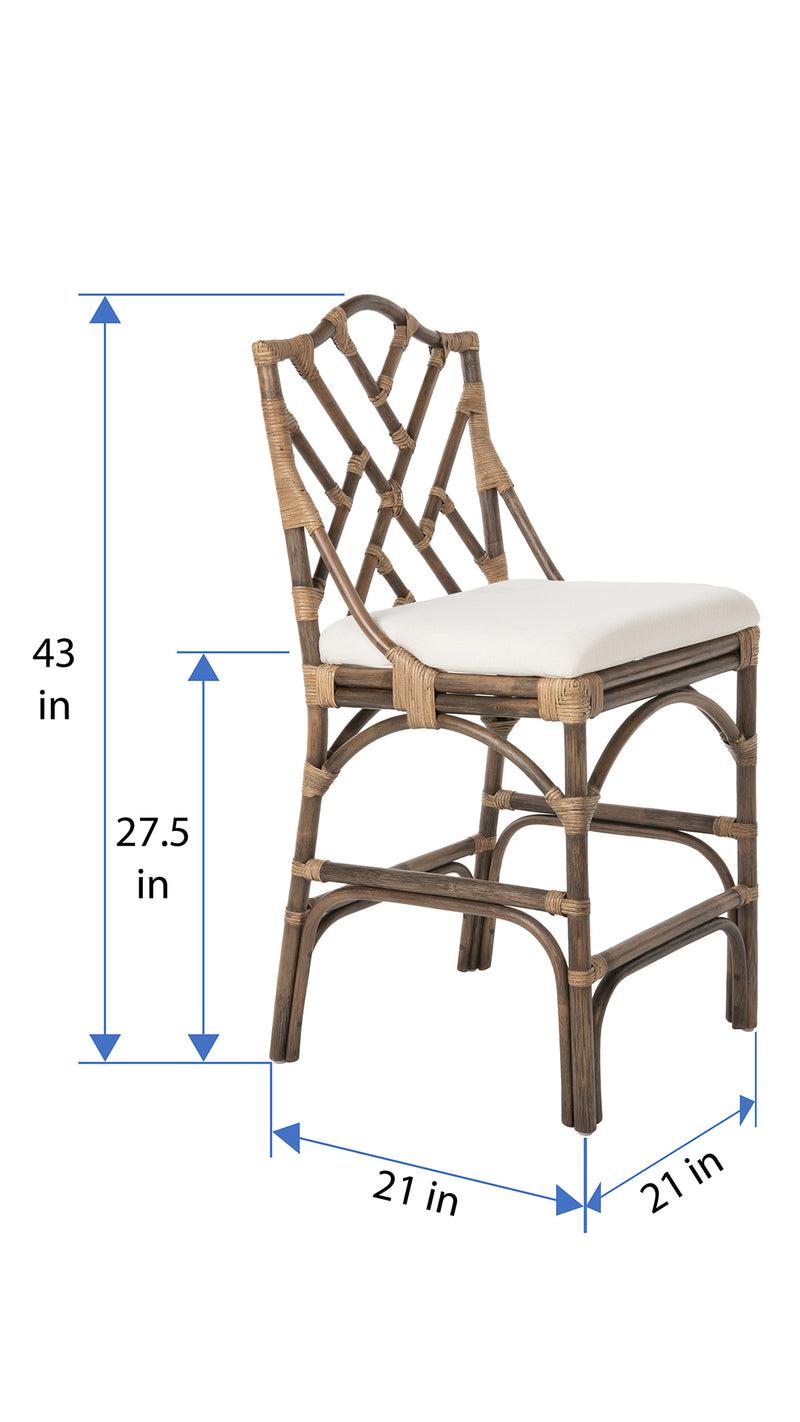 Kouboo Chippendale Rattan Counter Stool Antique Brown And Off-White Upholstery