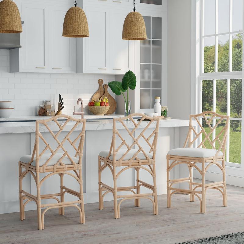 Kouboo Chippendale Rattan Counter Stool Natural And Off-White Upholstery