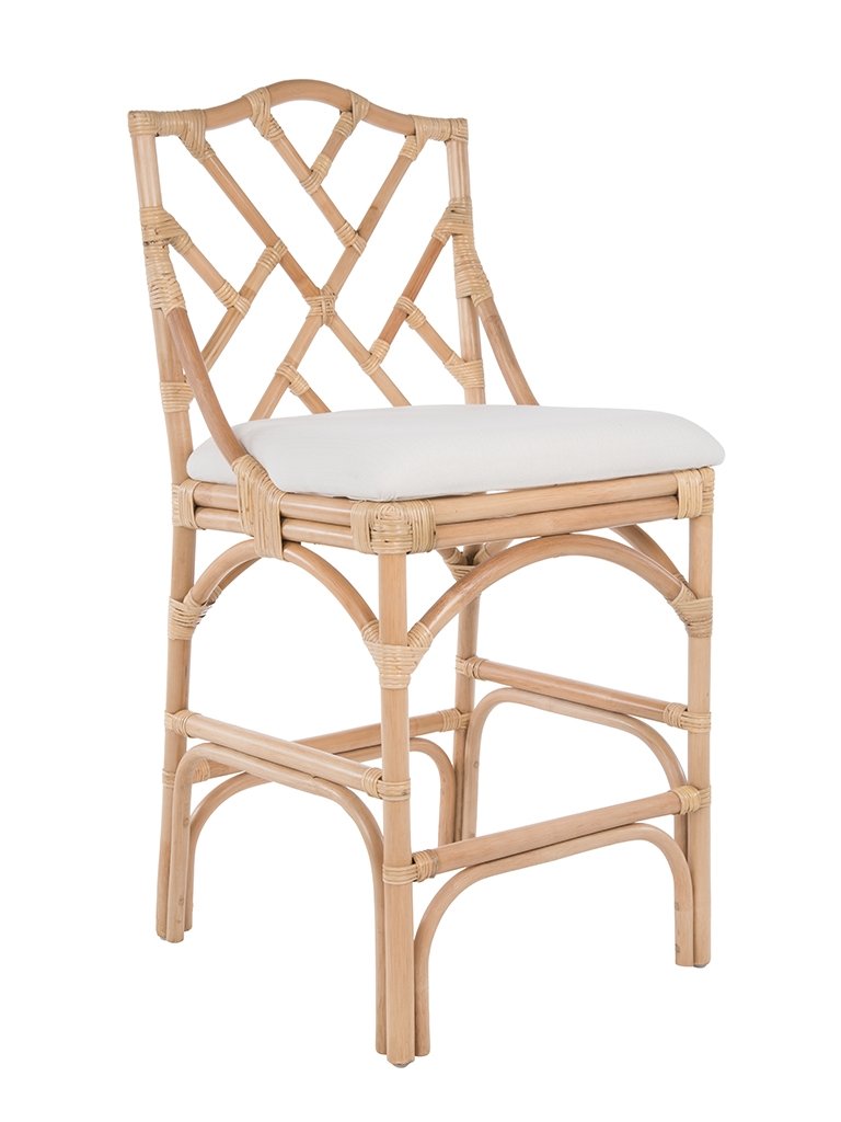 kouboo Chippendale Rattan Counter Stool Natural and Off-White Upholstery