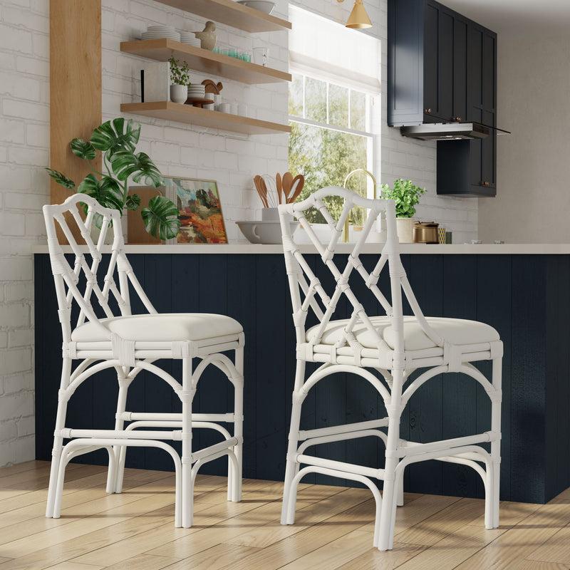 Kouboo Chippendale Rattan Counter Stool White And Off-White Upholstery