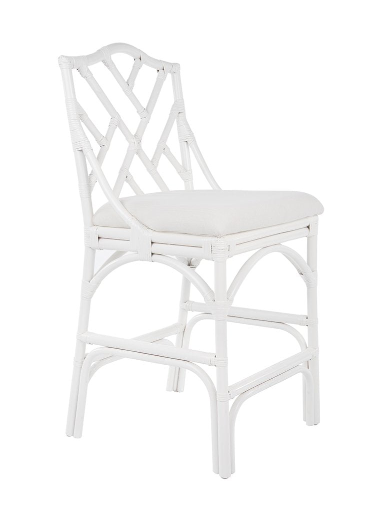 kouboo Chippendale Rattan Counter Stool White and Off-White Upholstery