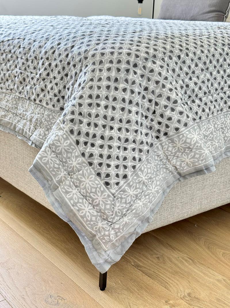 Kouboo Hand Block Print Cotton Quilt And Bed Spread Gray