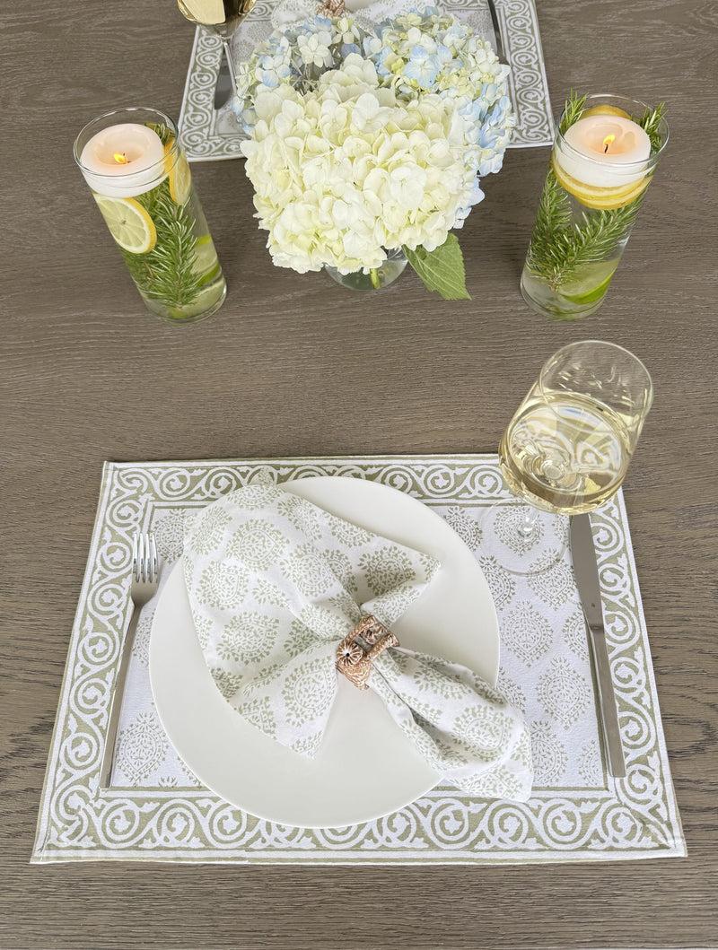 Kouboo Hand Block Print Dinner Napkins 20 Inches X 20 Inches Set Of 4 Pieces Light Green