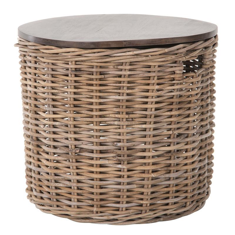 kouboo Kouboo Round Rattan Storage Basket with Wood Lid - Side or End Table with Hidden Storage