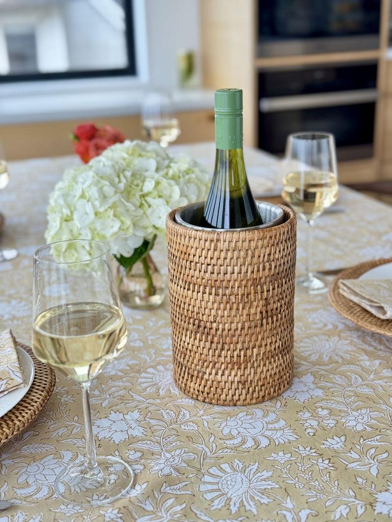 Kouboo La Jolla Double-Wall Stainless Steel Single Bottle Cooler In Rattan Sleeve Honey-Brown