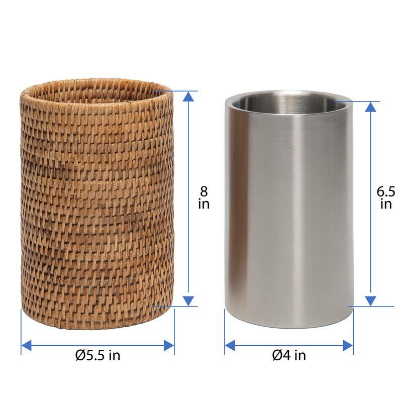 Kouboo La Jolla Double-Wall Stainless Steel Single Bottle Cooler In Rattan Sleeve Honey-Brown