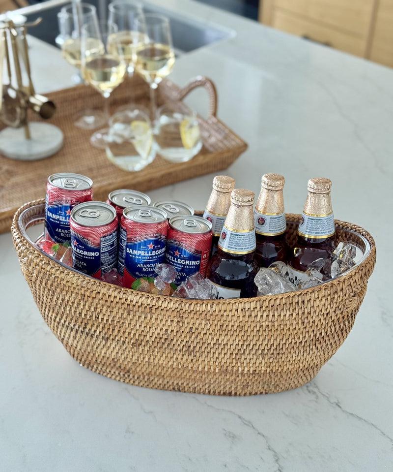 Kouboo La Jolla Oblong Acrylic BBQ Beer And Softdrink Bucket In Rattan Basket Honey-Brown