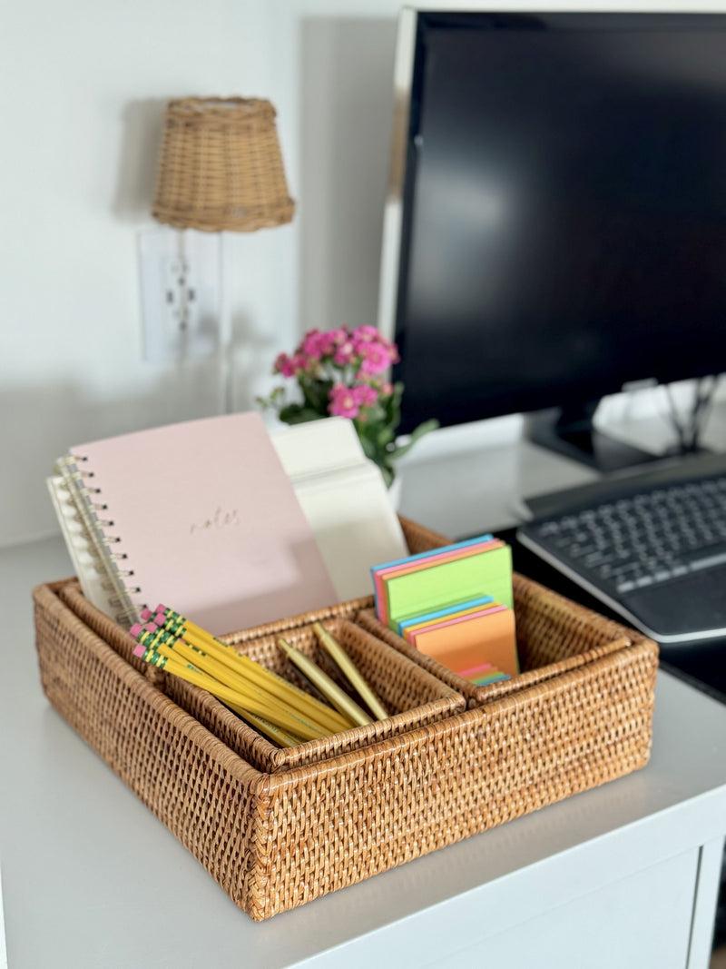 Kouboo La Jolla Rattan 4-Piece Nesting Desk Drawer Shelf & Cabinet Tray Organizer