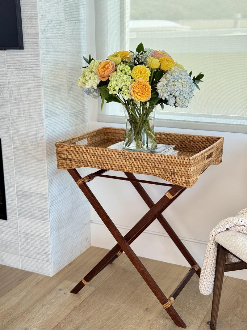 Kouboo La Jolla Rattan Butler Tray With Folding Teak Wood Stand